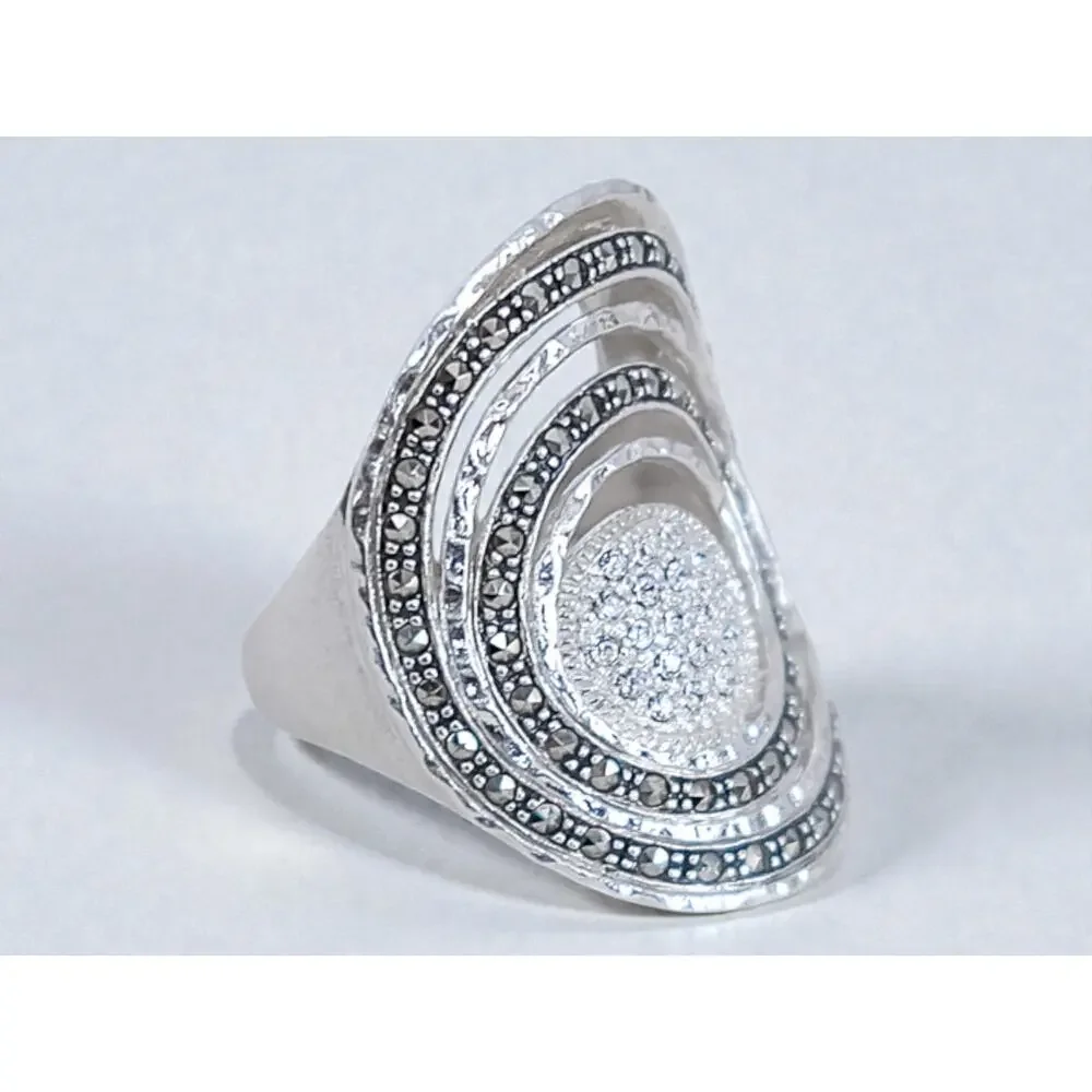 Sterling Silver 925 Spiral Statement Ring Cubic Zirconia Marcasite Size 6